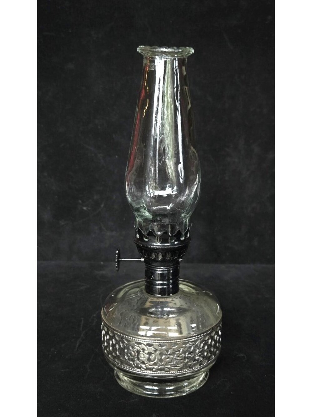 Vintage Glass Oil Lamp With Ornate Metal Base 8" Tall Functional Decorative Piec